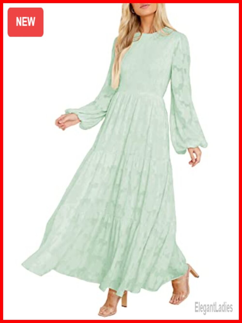 Long Sleeve Maxi Dress Smocked Bodice Ruffle Hem Formal Wedding Guest